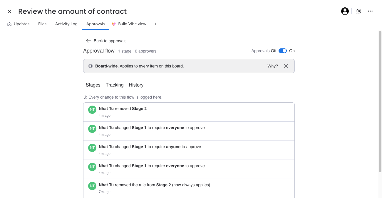 The History tab showing a log of flow changes and approval decisions