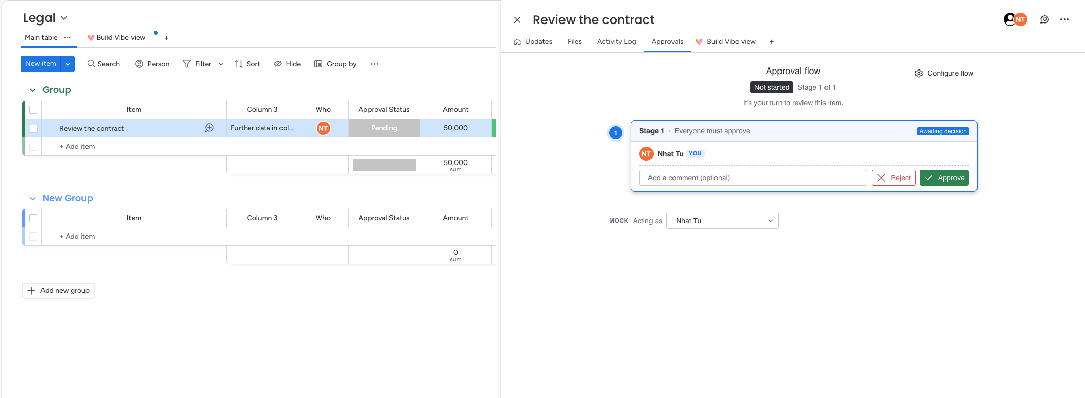 Approval Flow tab open on an item showing the Stages section