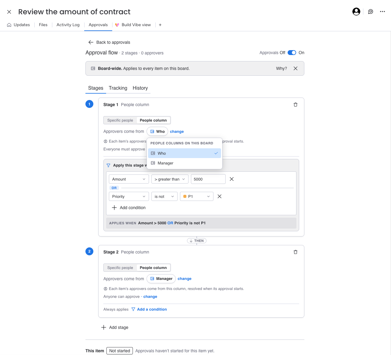 Selecting a People column as the approver source for a stage