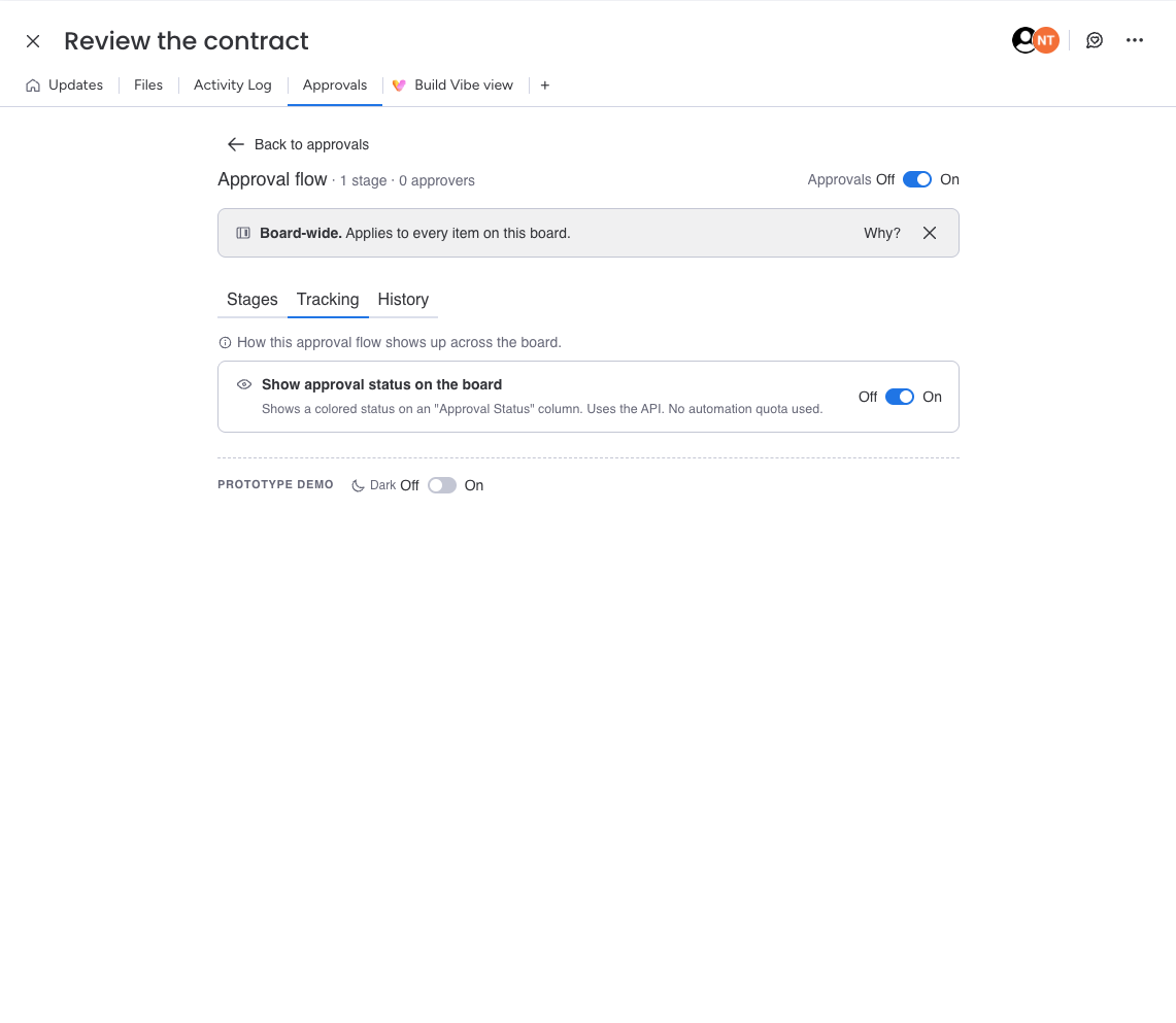 The Tracking tab with the Show approval status on the board toggle turned on
