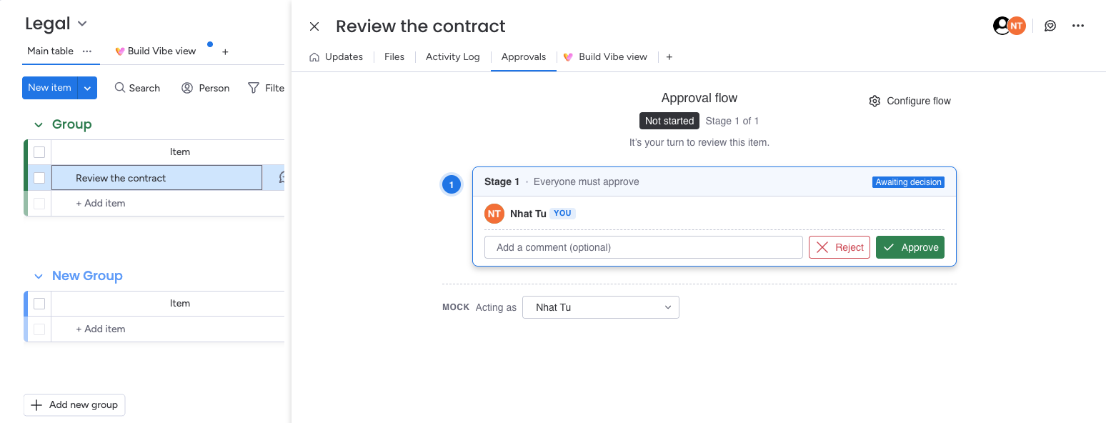 An approver approving or rejecting from the item panel