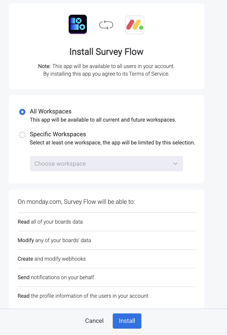 The monday.com install dialog asking which account to install Survey Flow into