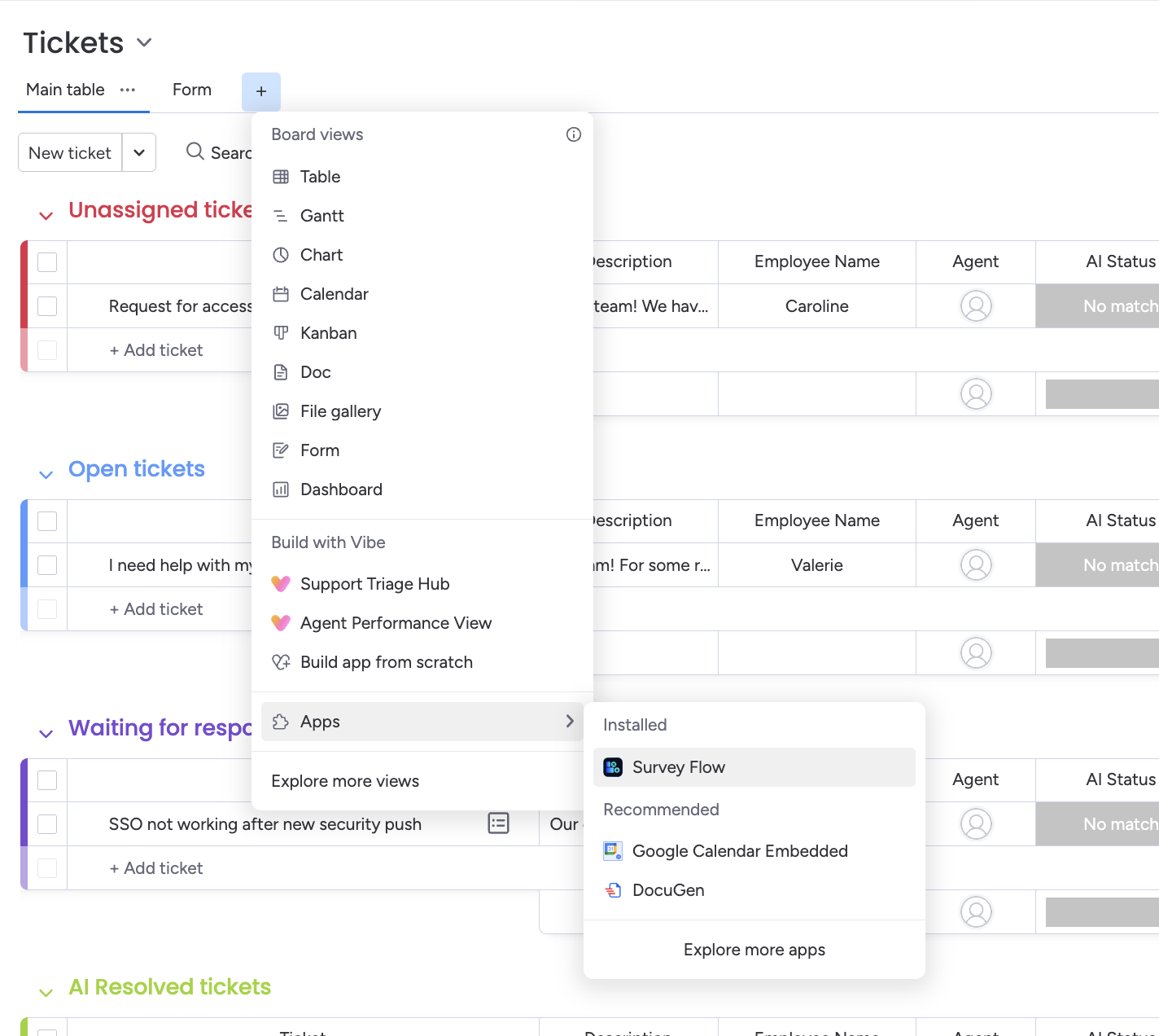 monday's add view menu open on a board, with Survey Flow listed under Installed