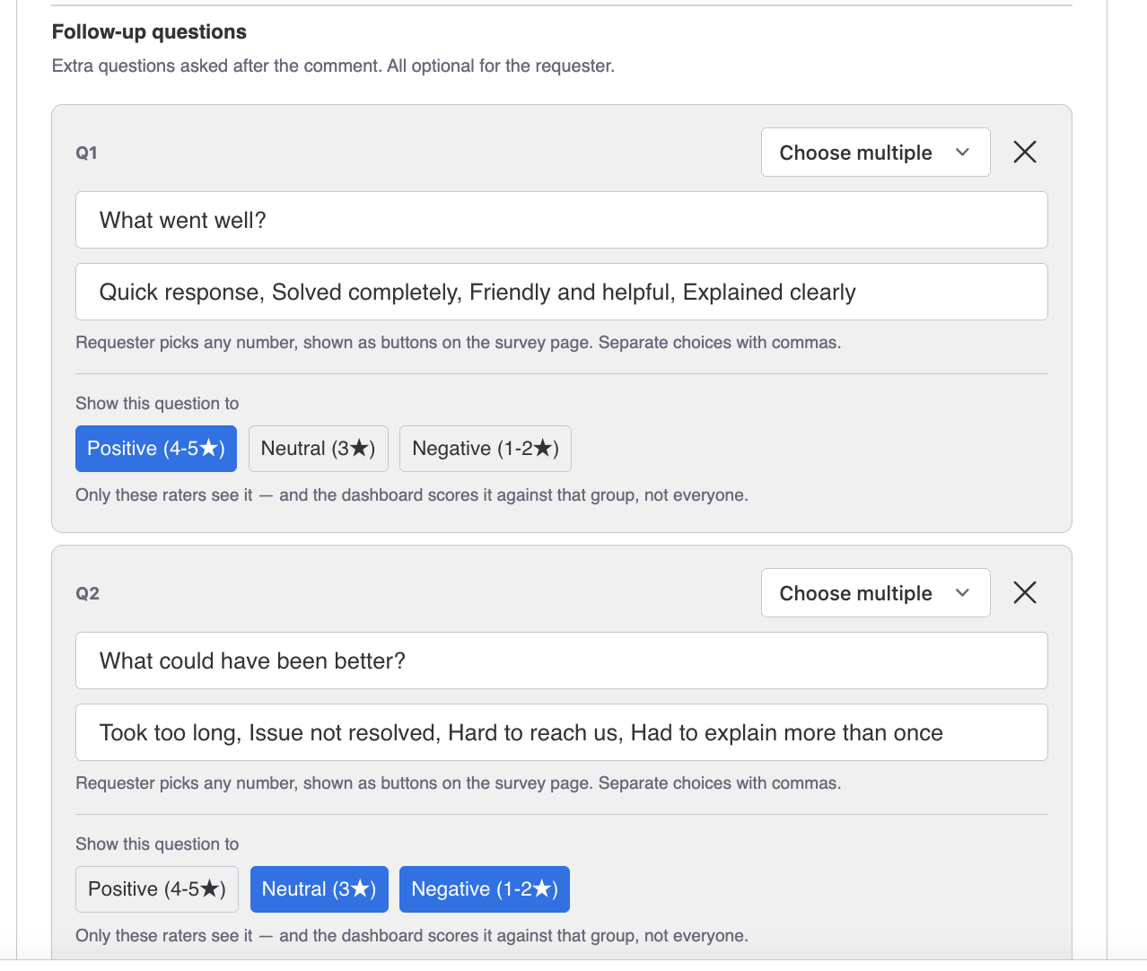 The question editor showing the fixed star rating and one follow up question