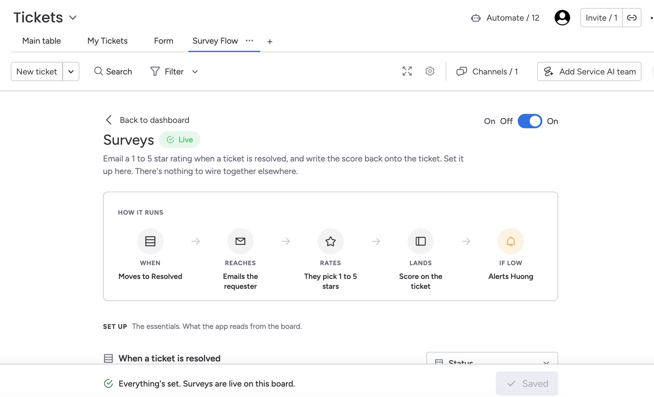 The configuration screen switched on: the master toggle set to On, a Live badge beside the Surveys heading, the Saved button at rest, and a line confirming surveys are live on this board