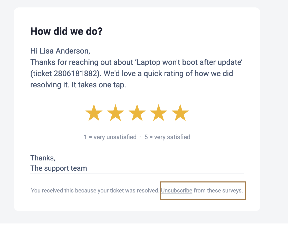 The confirmation page shown after a customer unsubscribes