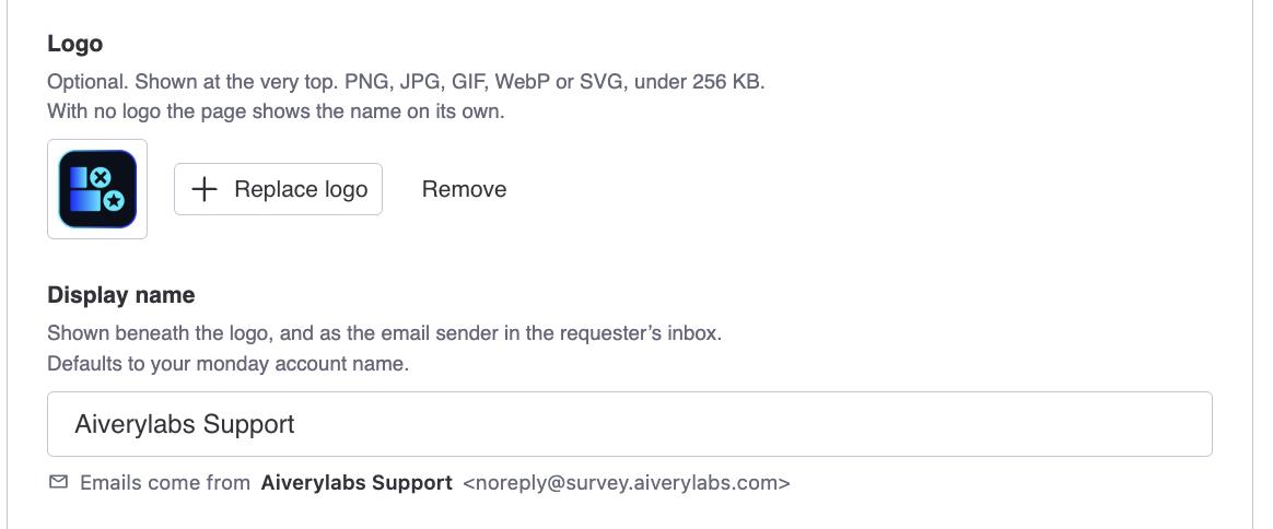 The logo upload and sender display name fields