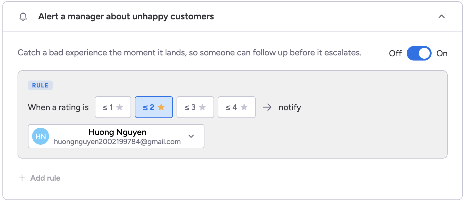 The Alert a manager about unhappy customers card, switched on, with a rule reading when a rating is two stars or below, notify, and a named person chosen beneath it
