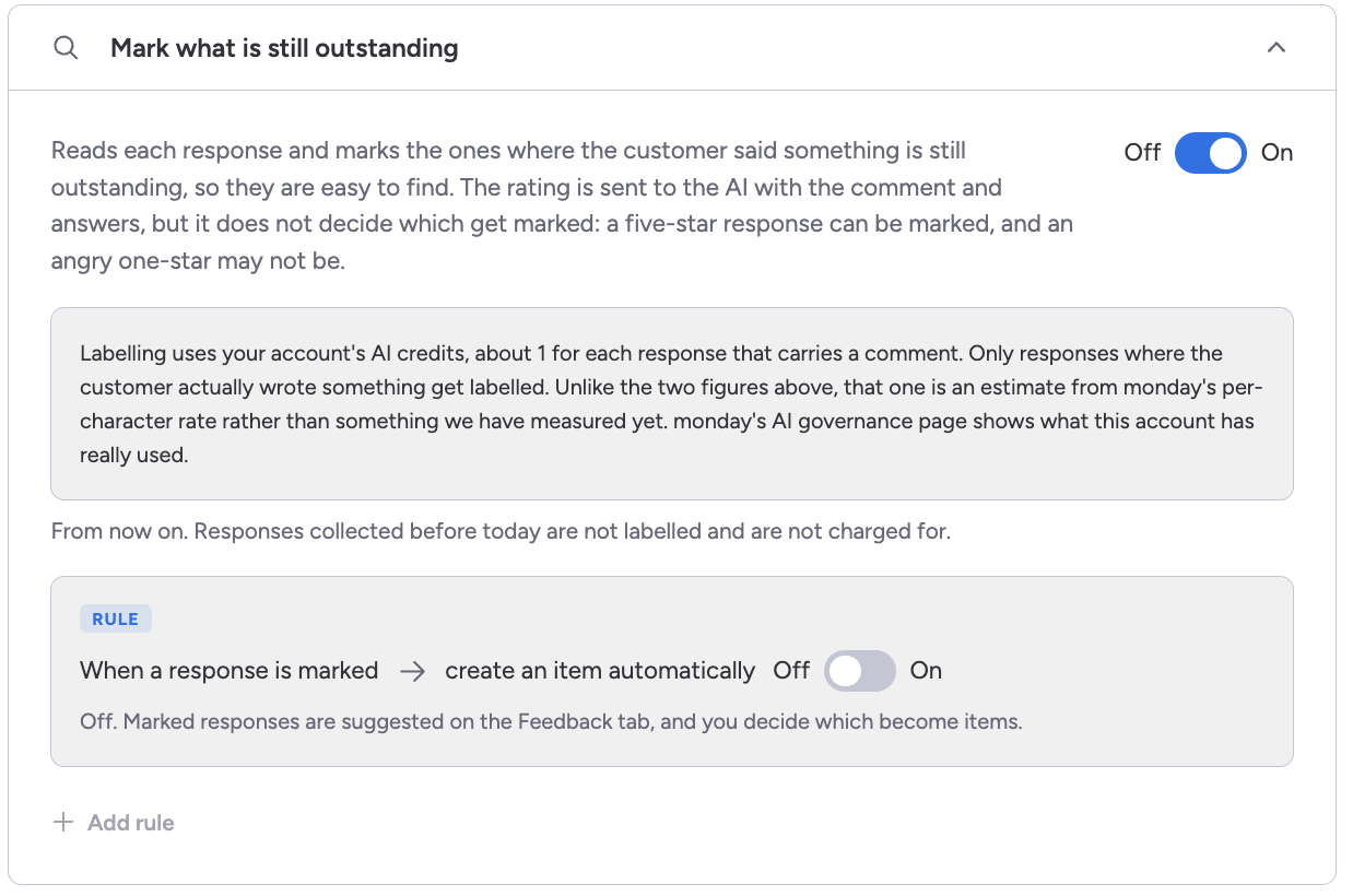 The Mark what is still outstanding card: the labelling toggle switched on, the note about AI credits, and the rule reading when a response is marked, create an item automatically, switched off