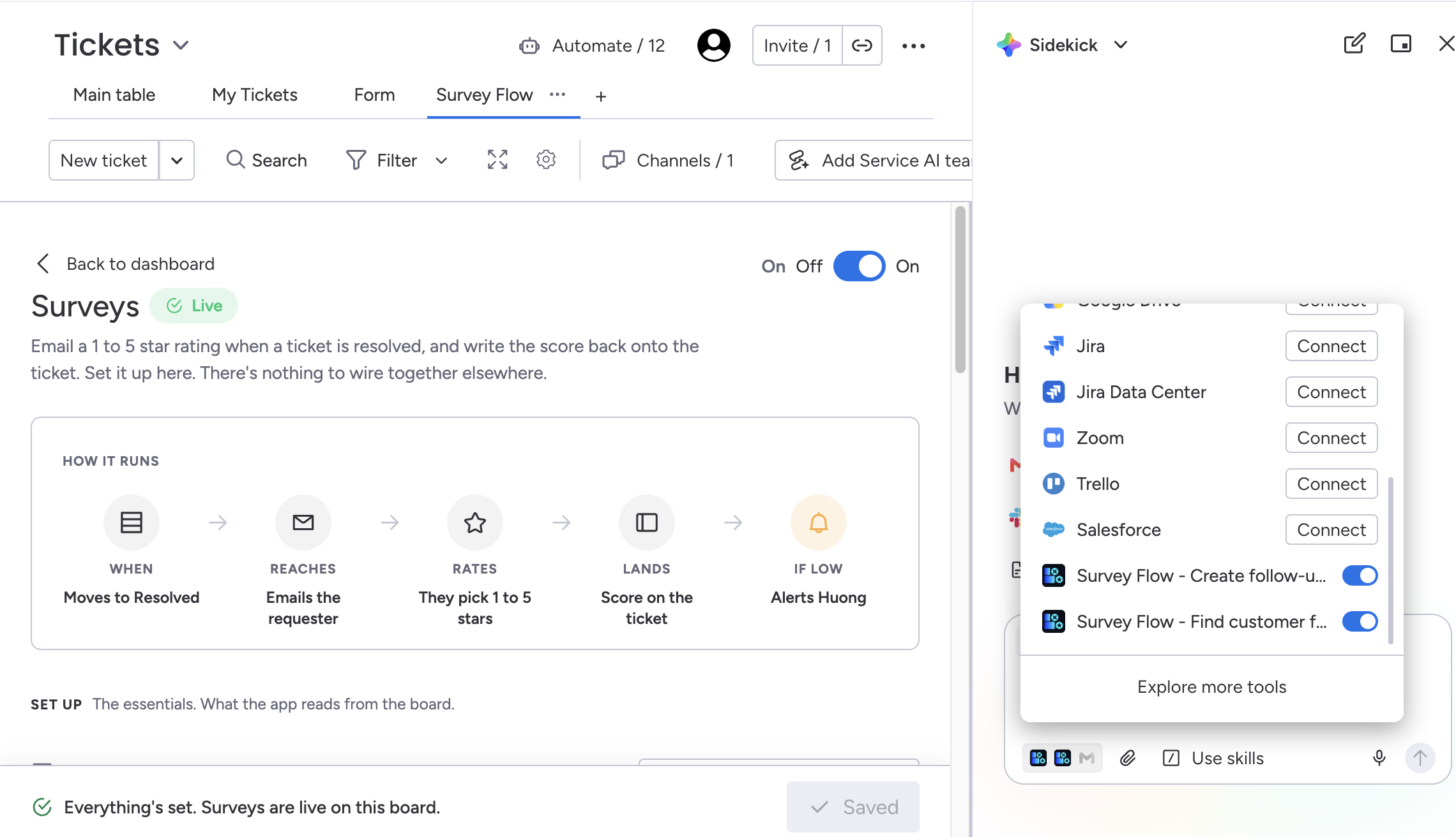 The two Survey Flow skills listed among the available tools in monday.com's Sidekick