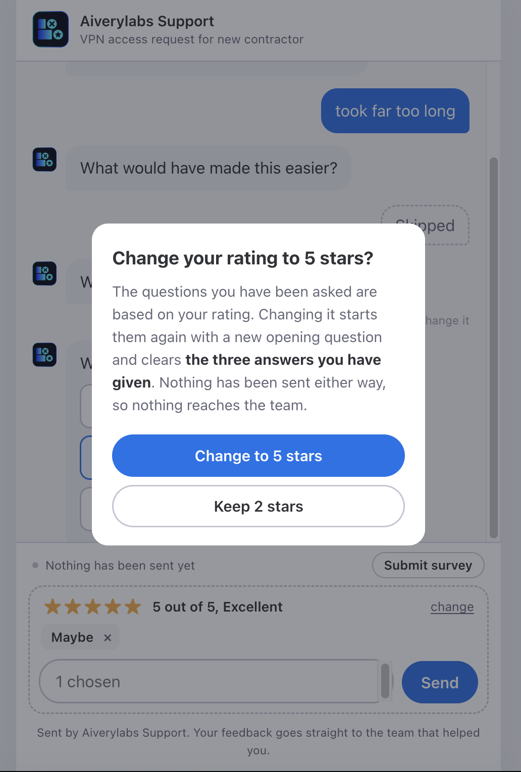 The confirmation dialog shown when a customer changes their rating into a different band, naming how many answers will be lost