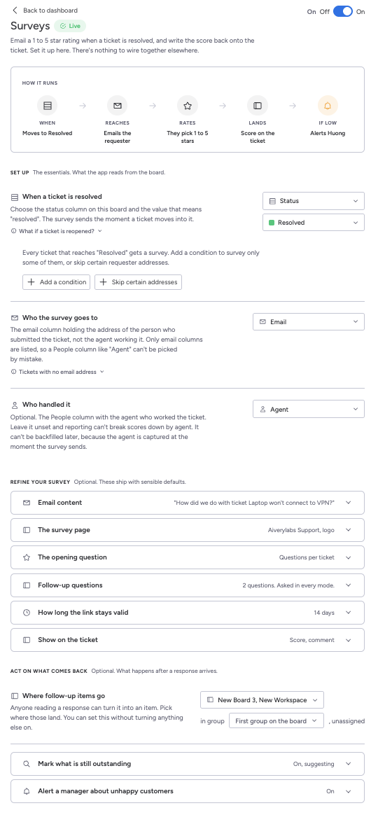 The whole configuration screen: the How it runs strip, then the Set up, Refine your survey and Act on what comes back groups with their sections collapsed