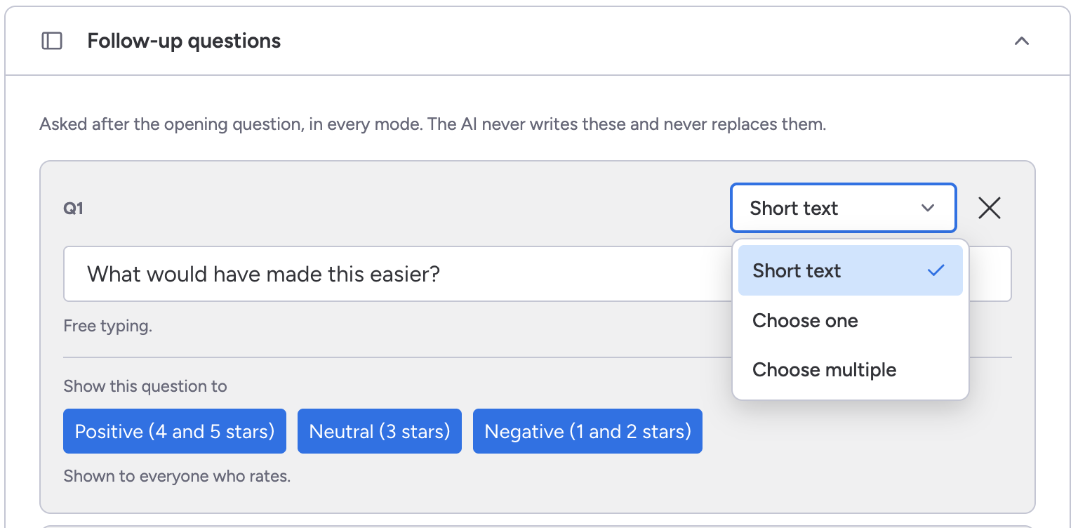 One follow up question expanded in the editor, with the type dropdown open on Short text, Choose one and Choose multiple, and the three rating band toggles below it
