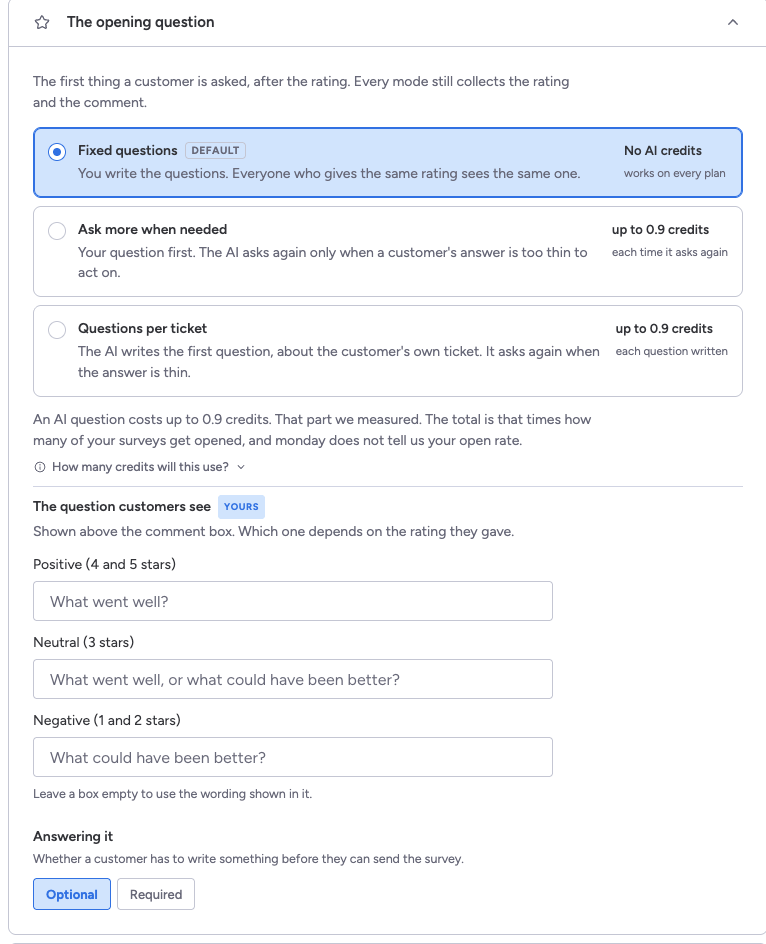 The opening question setting with Fixed questions selected