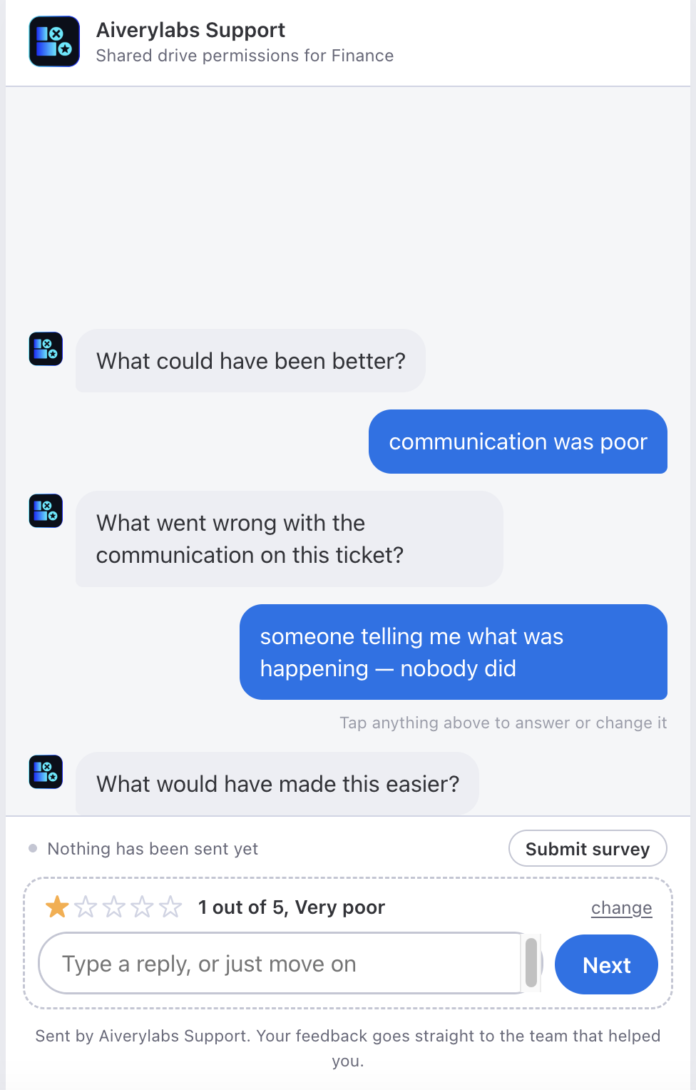 A survey under Ask more when needed: the question you wrote, the customer's comment, a generated question following up on it, and then your remaining question