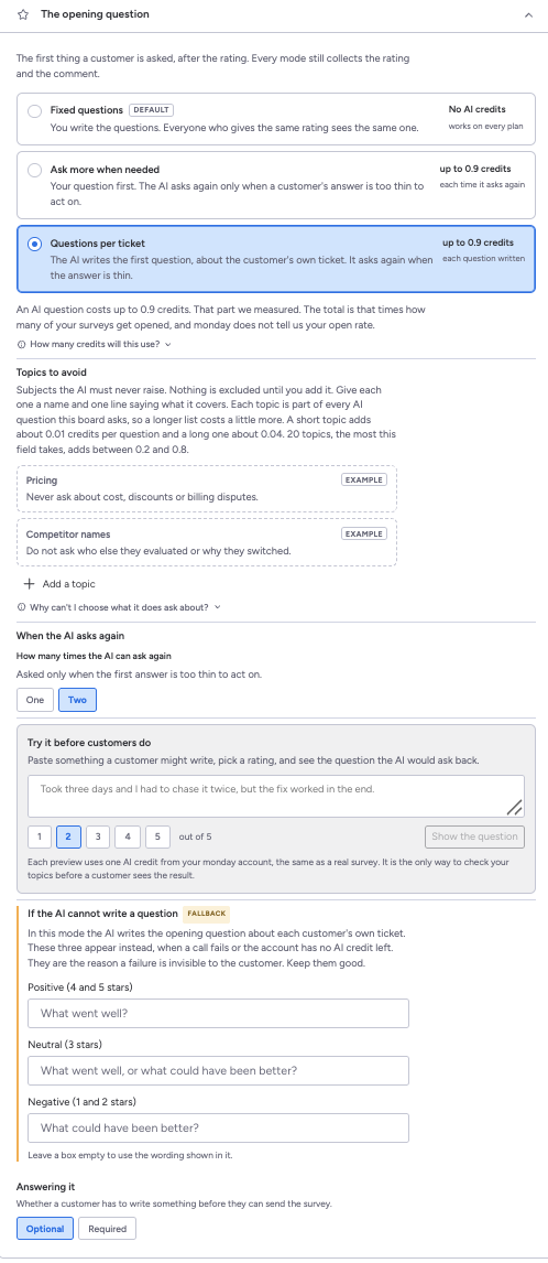 The opening question setting with Questions per ticket selected, showing the credit cost line and the fallback questions used when the AI cannot write one