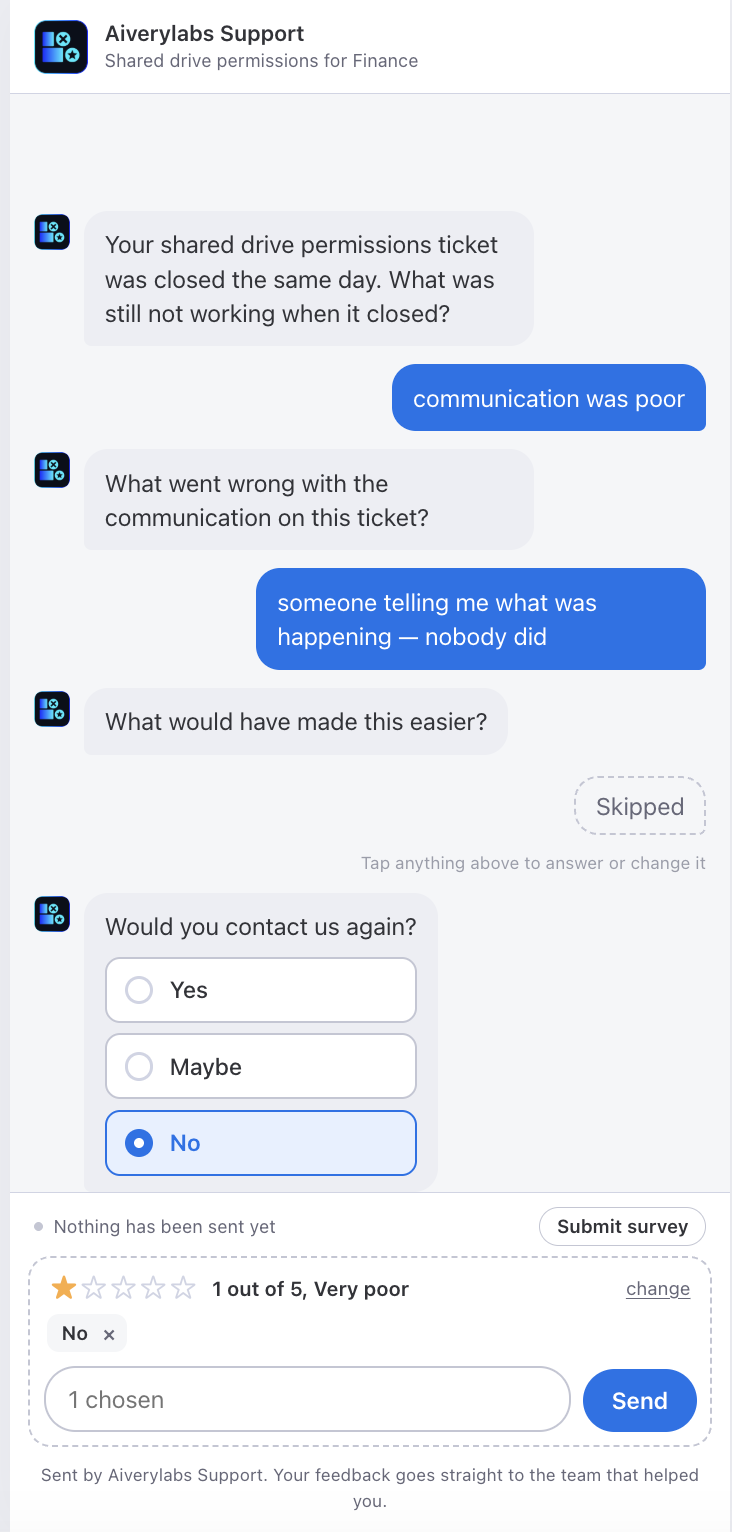 A survey under Questions per ticket: an AI written opening question about this ticket, the comment, a generated follow up, and then the configured questions, one skipped and one answered